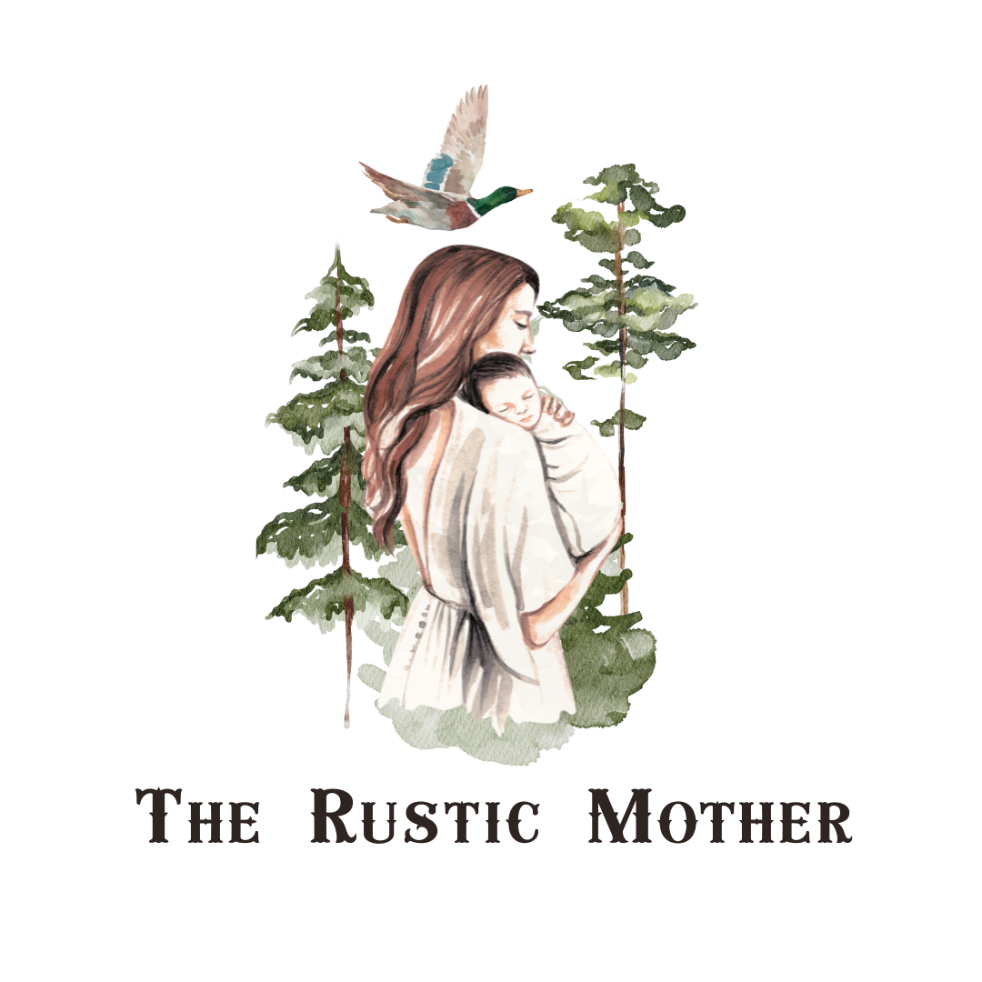 Watercolor of a mother holding a sleeping baby, surrounded by pine trees with a bird flying overhead, and the text "The Rustic Mother" below.