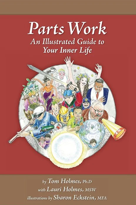 Book cover titled 'Parts Work: An Illustrated Guide to Your Inner Life' featuring colorful drawings of various diverse characters representing inner selves and emotions.