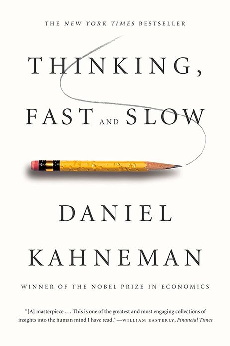 Book cover of 'Thinking, Fast and Slow' by Daniel Kahneman featuring a pencil with a trail of lead forming a question mark.