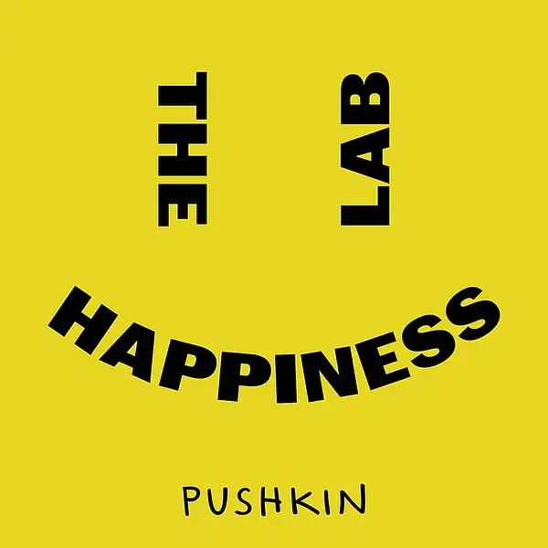 Yellow background with black text arranged to spell 'The Lab' vertically and 'Happiness' curved at the bottom, with 'Pushkin' written below.