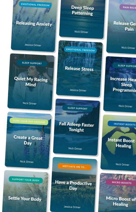Collection of digital guides and self-help books on themes like emotional freedom, sleep support, stress release, energy boosting, and productivity, authored by Jessica Ortner and Nick Ortner, with colorful and nature-themed cover designs.
