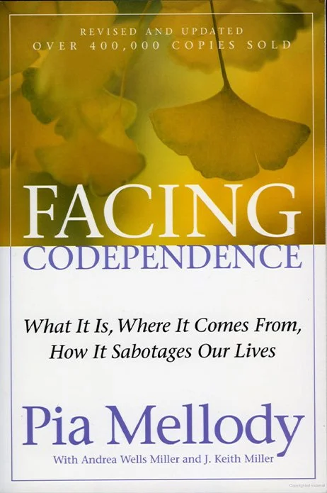 Book cover titled "Facing Codependence" by Pia Mellody, with a subtitle about understanding codependence and its effects, against a background of green leaves.