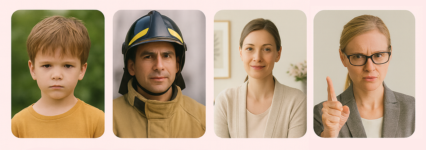 Sequence of four images showing different individuals: a young boy with brown hair in a yellow shirt looking serious, a firefighter in uniform with a helmet, a woman with brown hair in a beige sweater smiling softly, and a woman with blonde hair, glasses, wearing a gray blazer pointing her finger with a stern expression.