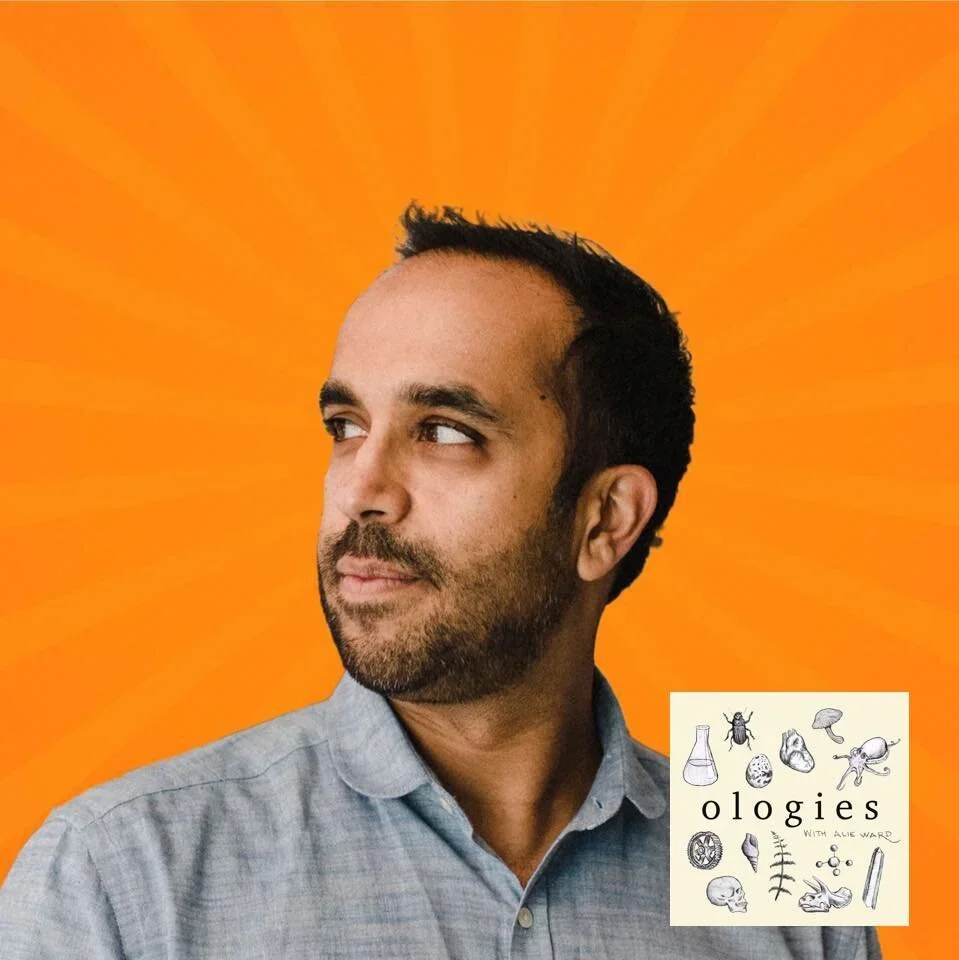A man with short dark hair, facial hair, and a serious expression looking to the side against an orange background with a radial gradient. In the bottom right corner, there is a small graphic with illustrations of scientific objects and the text 'ologies with Alice Ward.'