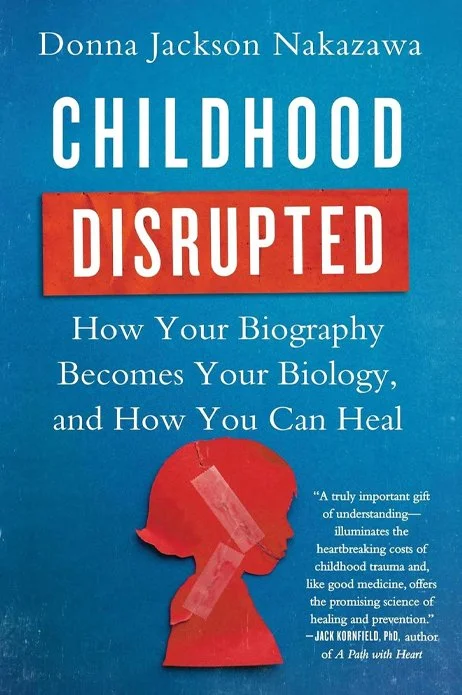 Book cover titled 'Childhood Disrupted' by Donna Jackson Nakazawa, with a silhouette of a child's head taped together with bandages on a blue background.