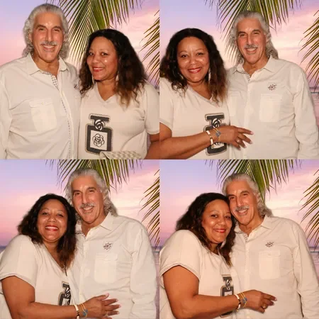 Four photos of a smiling man with gray hair and a woman with dark curly hair, both wearing white shirts, against a sunset beach background with palm trees.