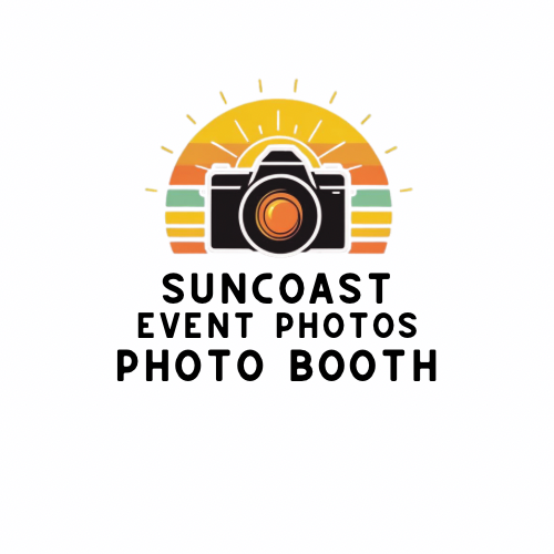 Suncoast Event Photos Photo Booth logo featuring a camera with a sunset background and colorful stripes.