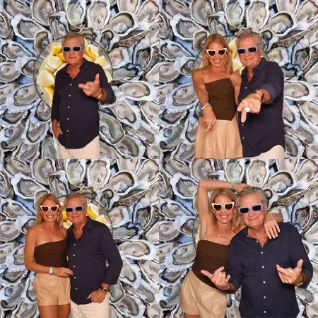 Four photos of an older man and a woman wearing sunglasses, with a background of oyster shells. They are posing and making gestures in each photo.