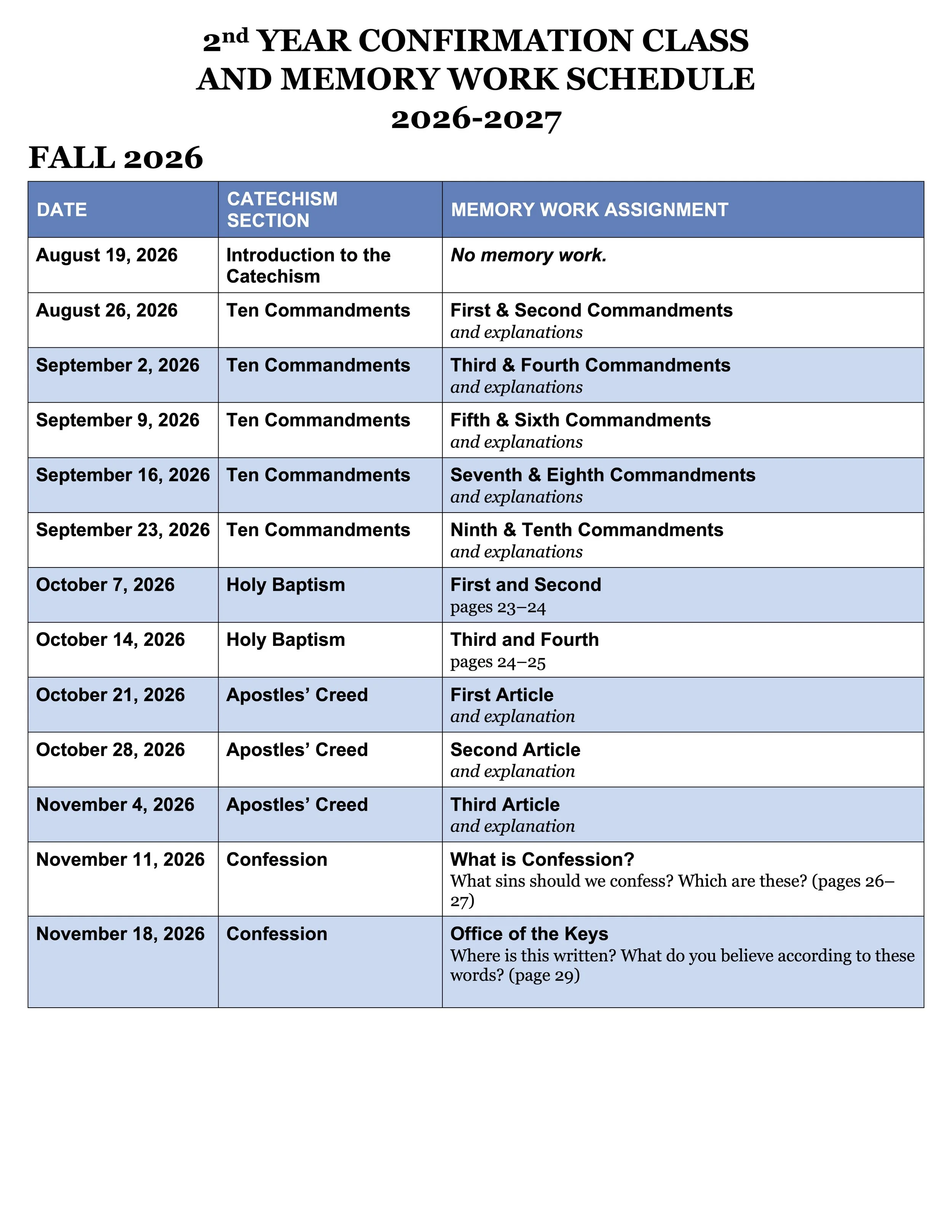 A schedule for a second-year confirmation class and memory work for the 2026-2027 year, detailing dates, catechism sections, and corresponding assignments.