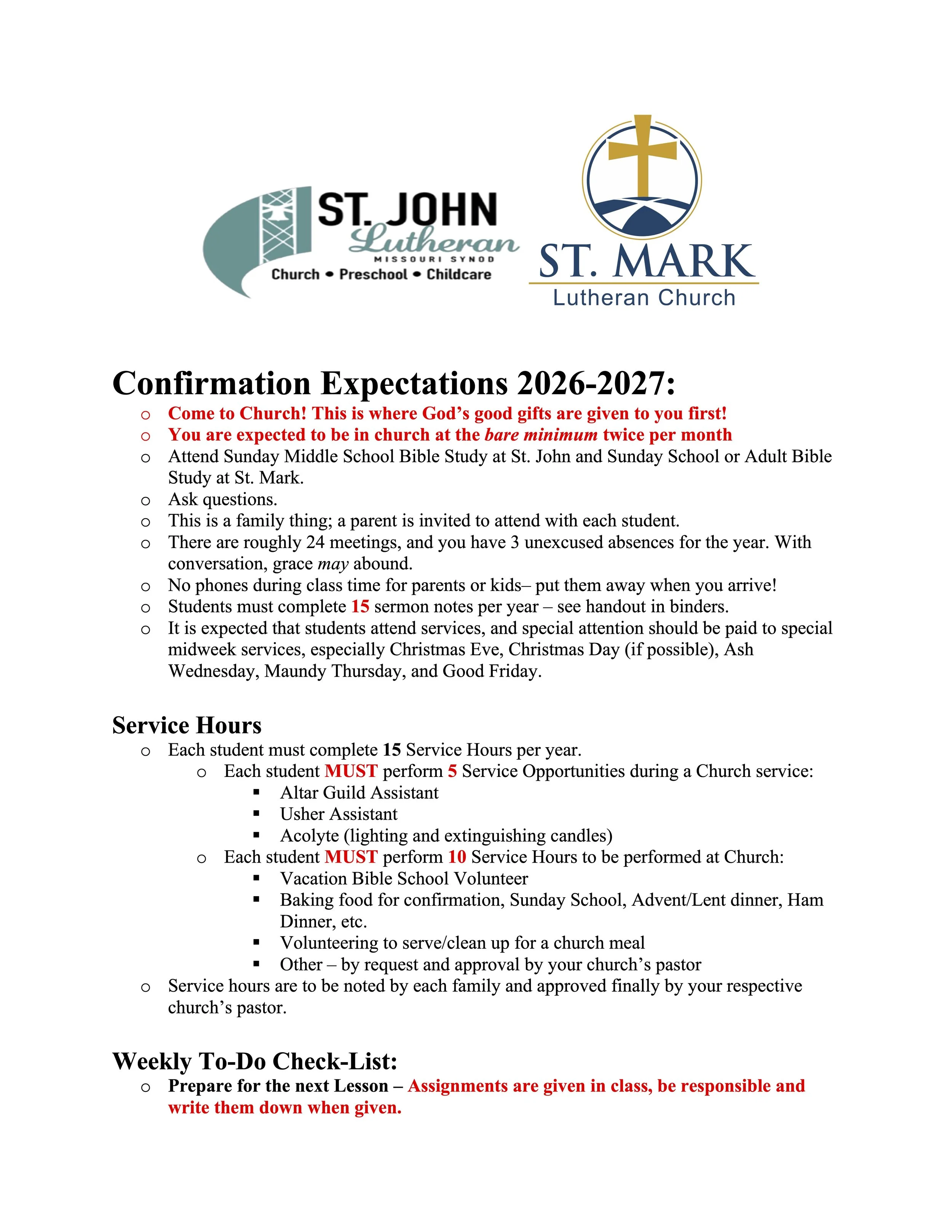 A document with logos of St. John Lutheran Church and St. Mark Lutheran Church, titled 'Confirmation Expectations 2026-2027.' The document includes a list of expectations and instructions for confirmation students, such as attending church, completing service hours, and paying attention to rules about behavior and responsibilities during church activities.