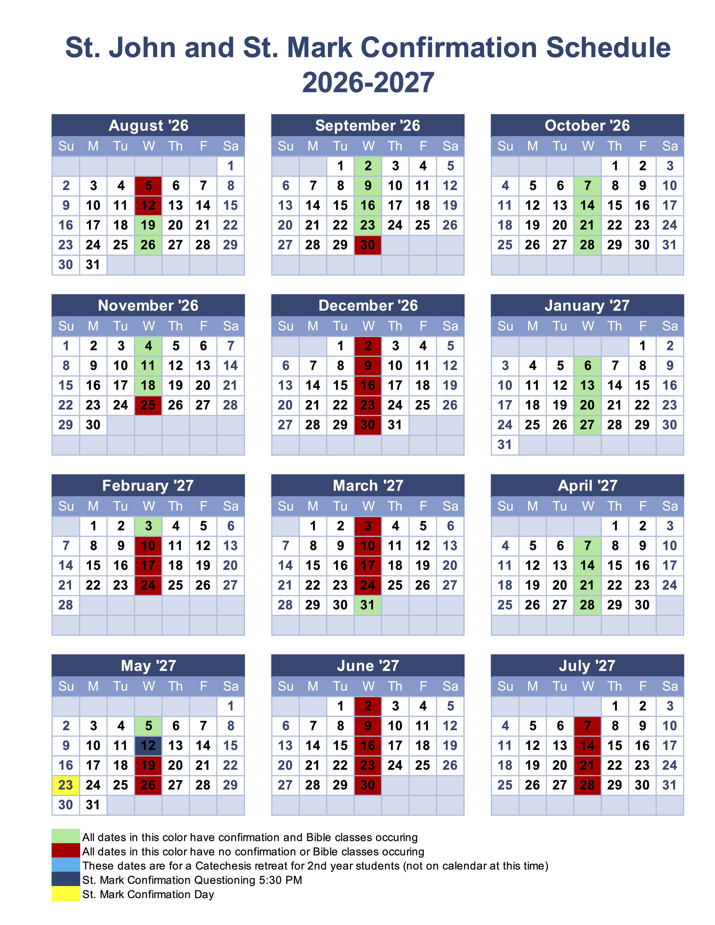 Calendar for 2026-2027 academic year with marked dates for St. John and St. Mark Confirmation Schedule with dates highlighted in different colors indicating various types of events and confirmations.