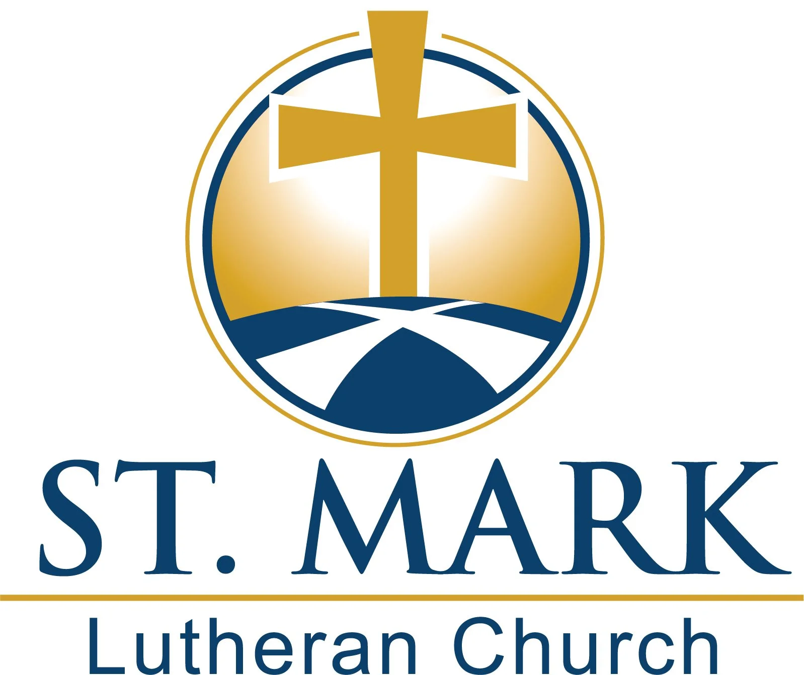 Logo of St. Mark Lutheran Church featuring a gold cross in a blue and gold circular design and the church's name beneath.