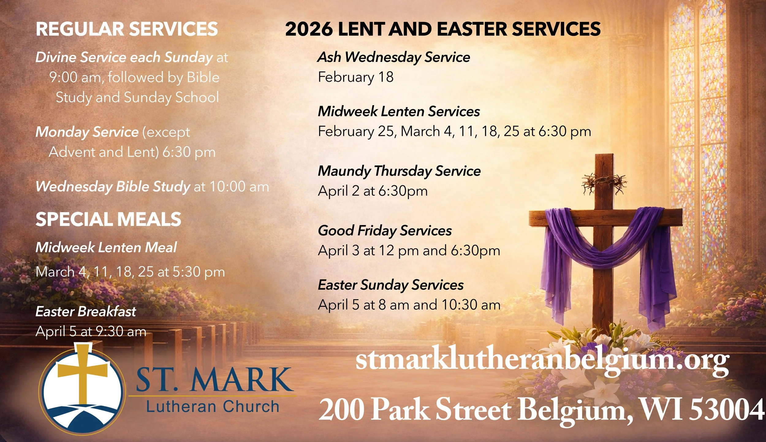 Lent- and Easter-themed invitation with a draped cross with a crown of thorns, with Easter lilies at its foot, in a large church, listing church services and meals for February, March, and April.