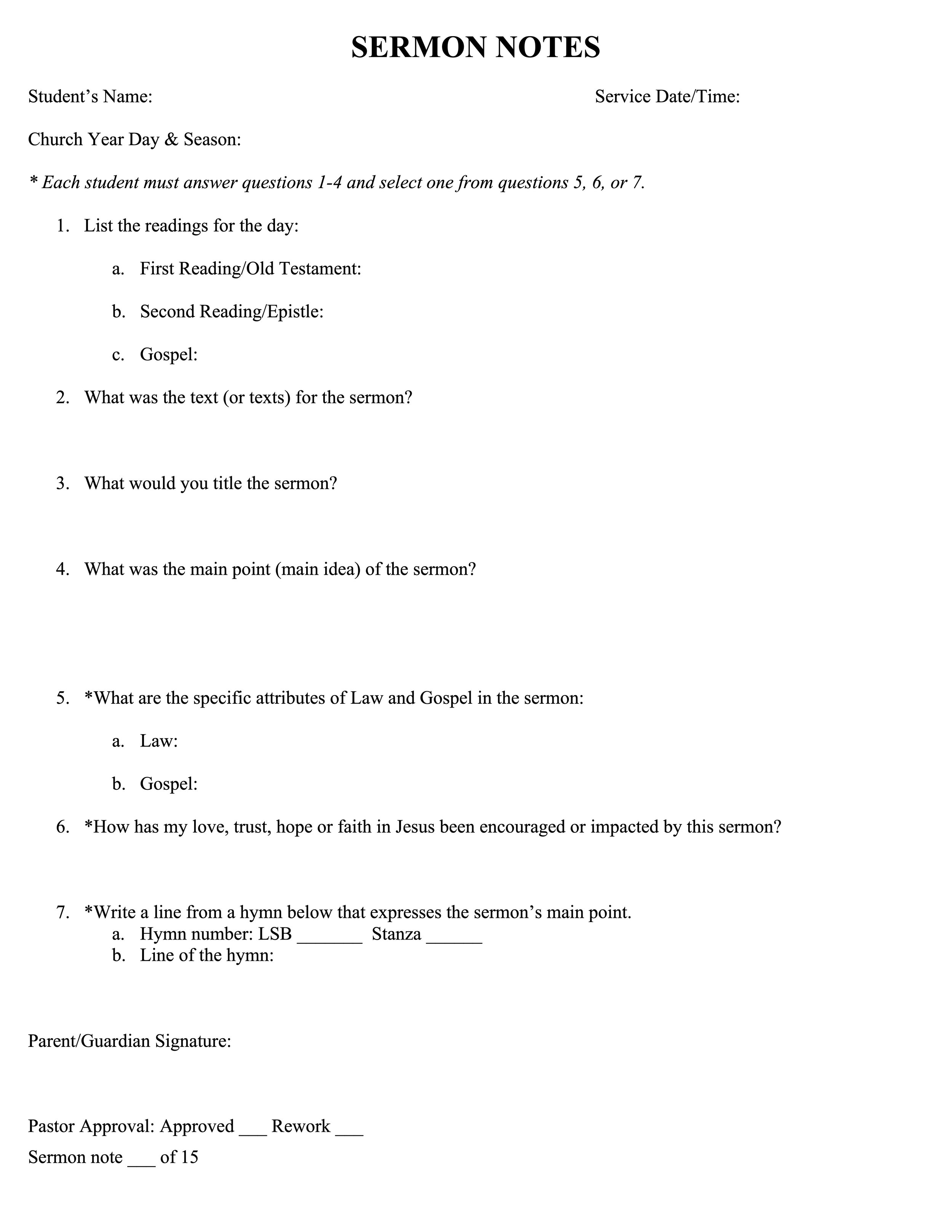 A printable sermon notes worksheet with questions about a sermon, including sections for readings, main points, attributes of law and gospel, emotional impact, scripture hymn, and signatures.