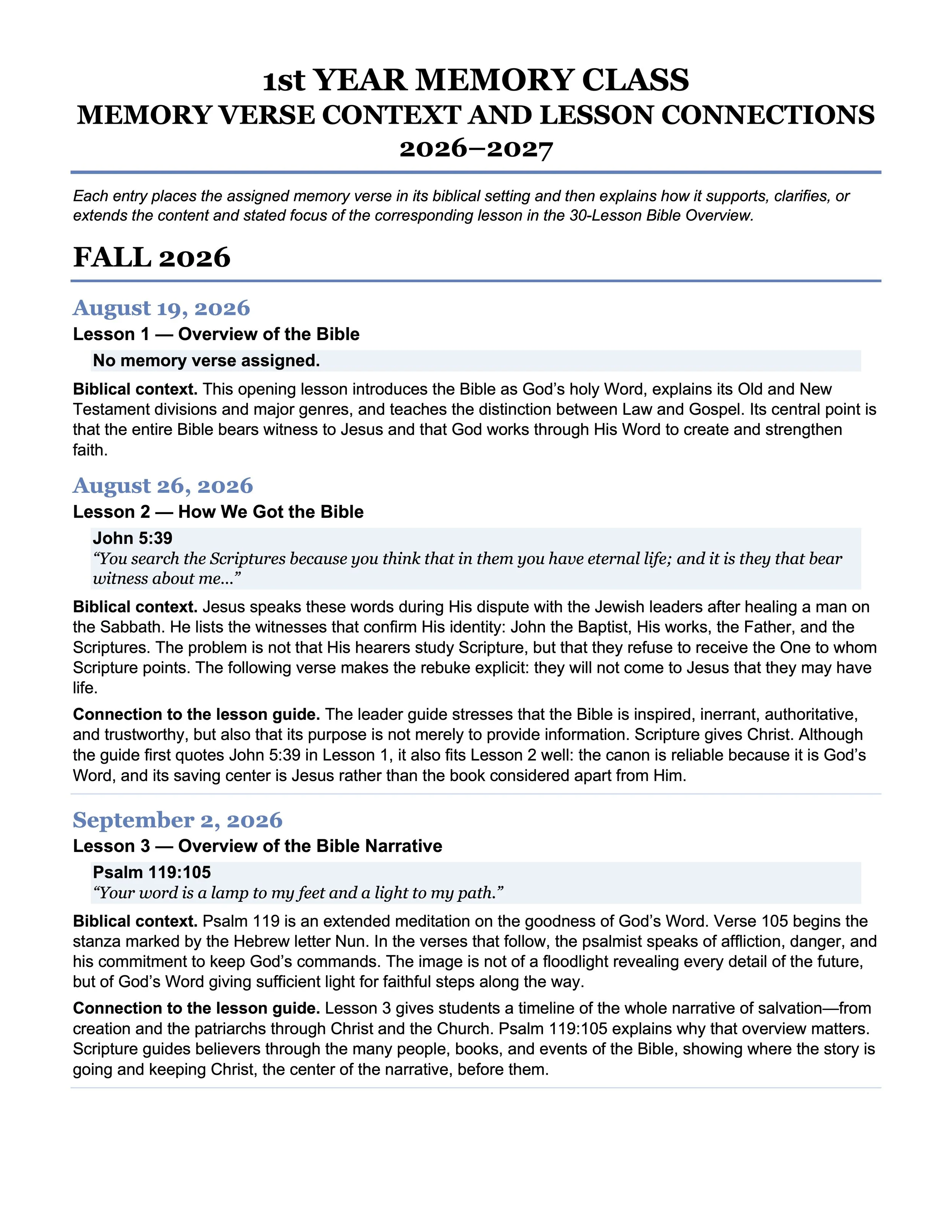 A printed document or curriculum, titled '1st Year Memory Class' for the 2026-2027 year, detailing lesson plans and biblical themes for each week. The content includes lesson topics, specific Bible verses, and explanations for teaching.