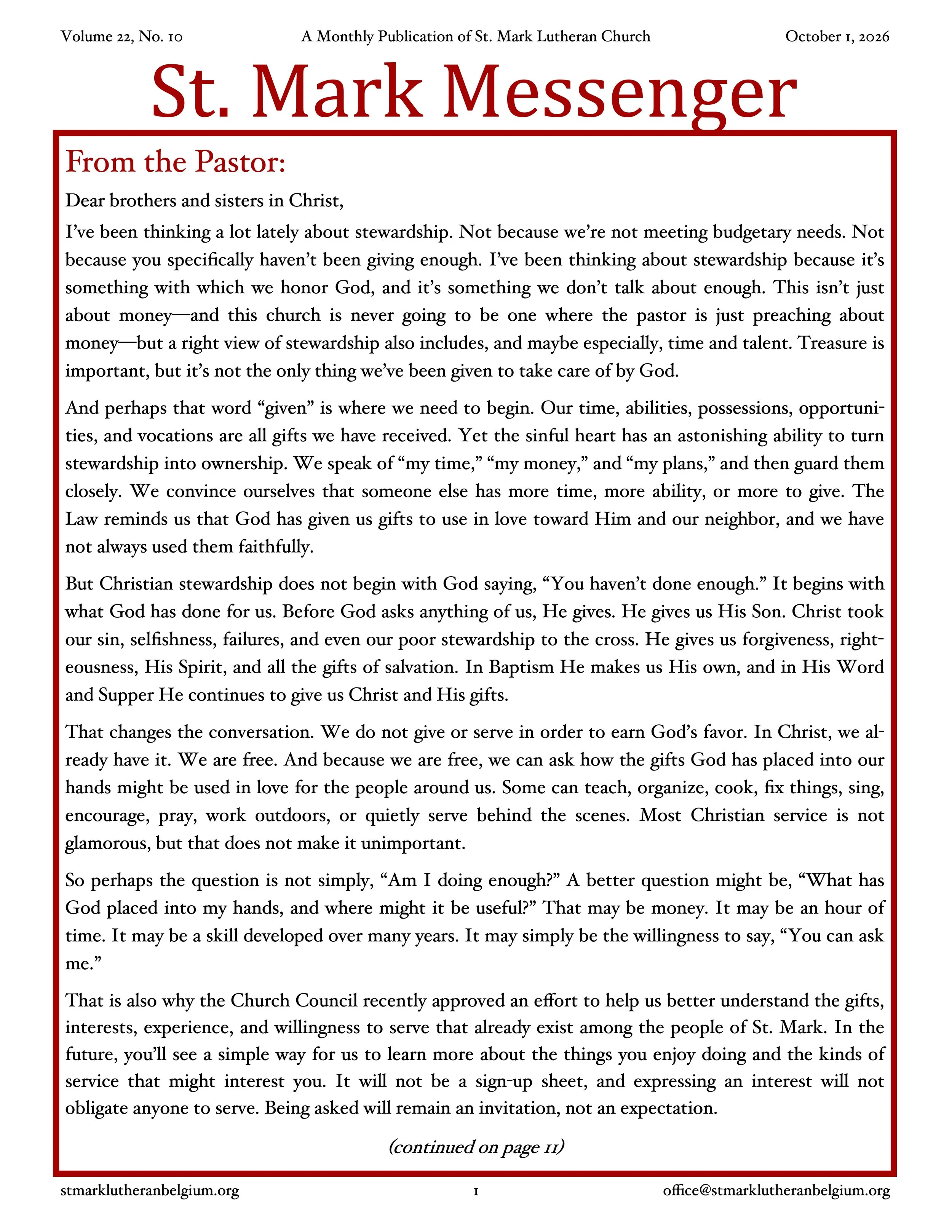 A newsletter page titled "St. Mark Messenger" dated October 1, 2026, with an article from the pastor discussing stewardship and church activities, featuring a large red header, black text, and a red-bordered section.
