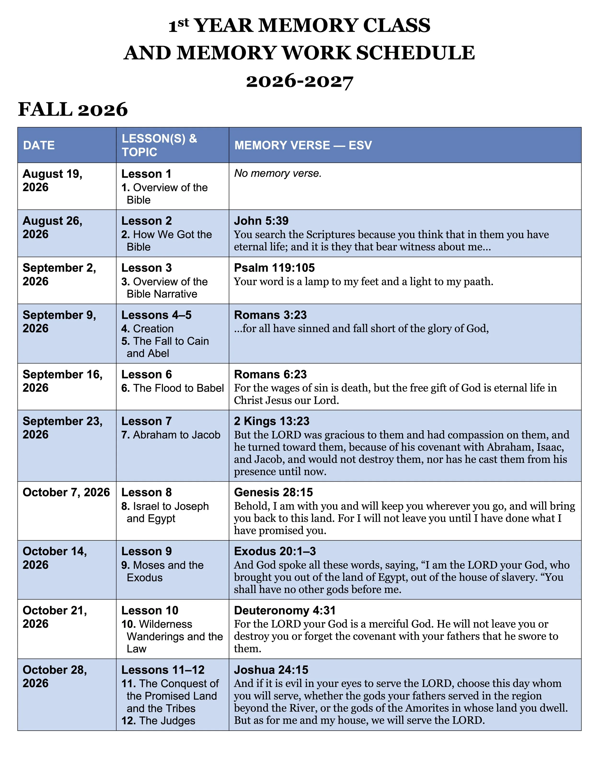 Schedule for 1st Year Memory Class and Work for Fall 2026, listing dates, lessons, topics, and Bible verses from August 2026 to May 2027.