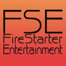 Logo for FireStarter Entertainment with black text on a red background.