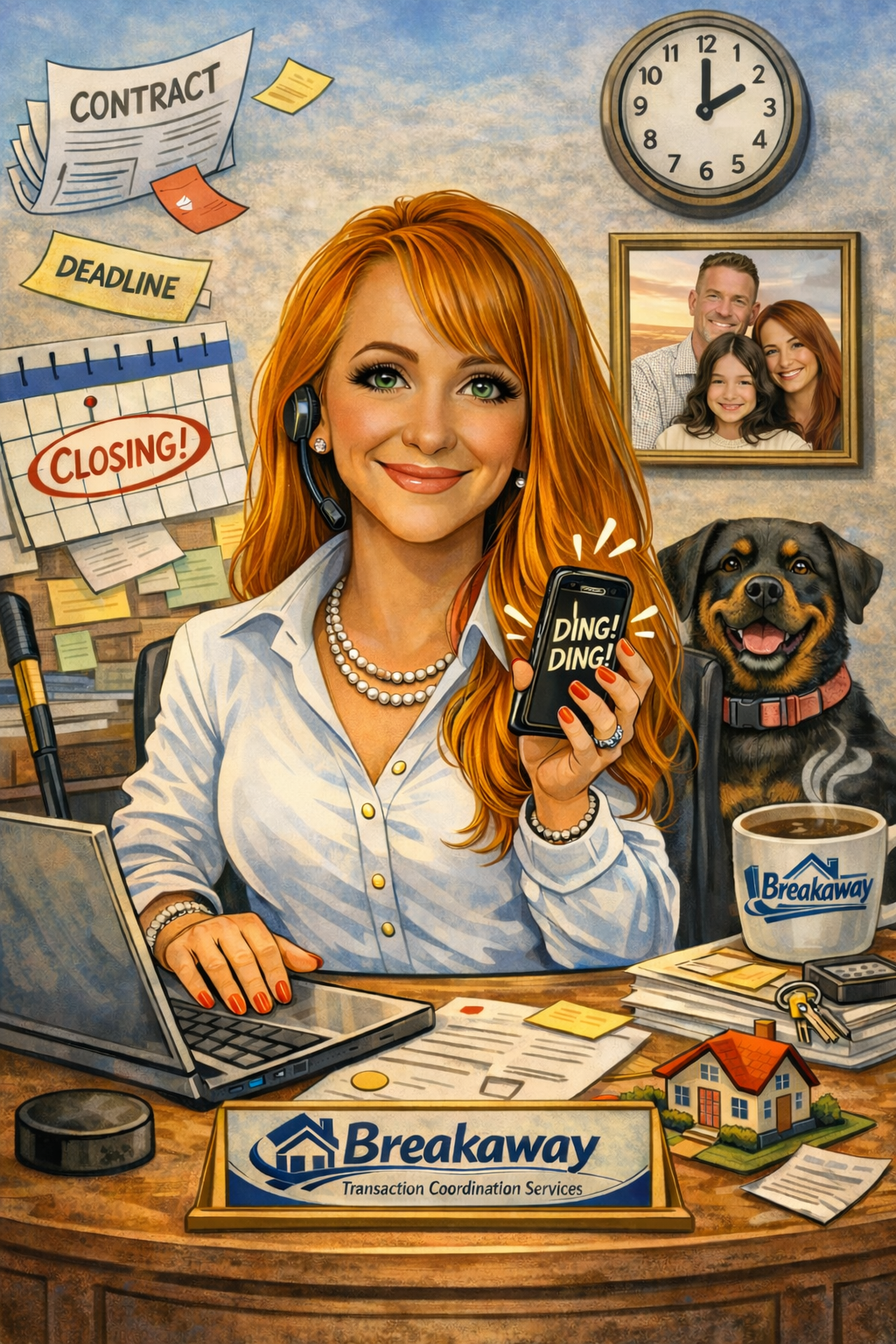 A cheerful woman with red hair and a pearl necklace sitting at a desk with a laptop, holding a smartphone displaying a notification 'DING! DING!'. A happy Rottweiler dog is beside her, and a coffee mug with the 'Breakaway' logo, papers, keys, and a house model are on the desk. The background shows a wall clock, a family photo, and various notes about contracts, deadline, and closing.