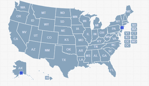 Map of the United States showing all states labeled with their abbreviations, including Alaska and Hawaii.