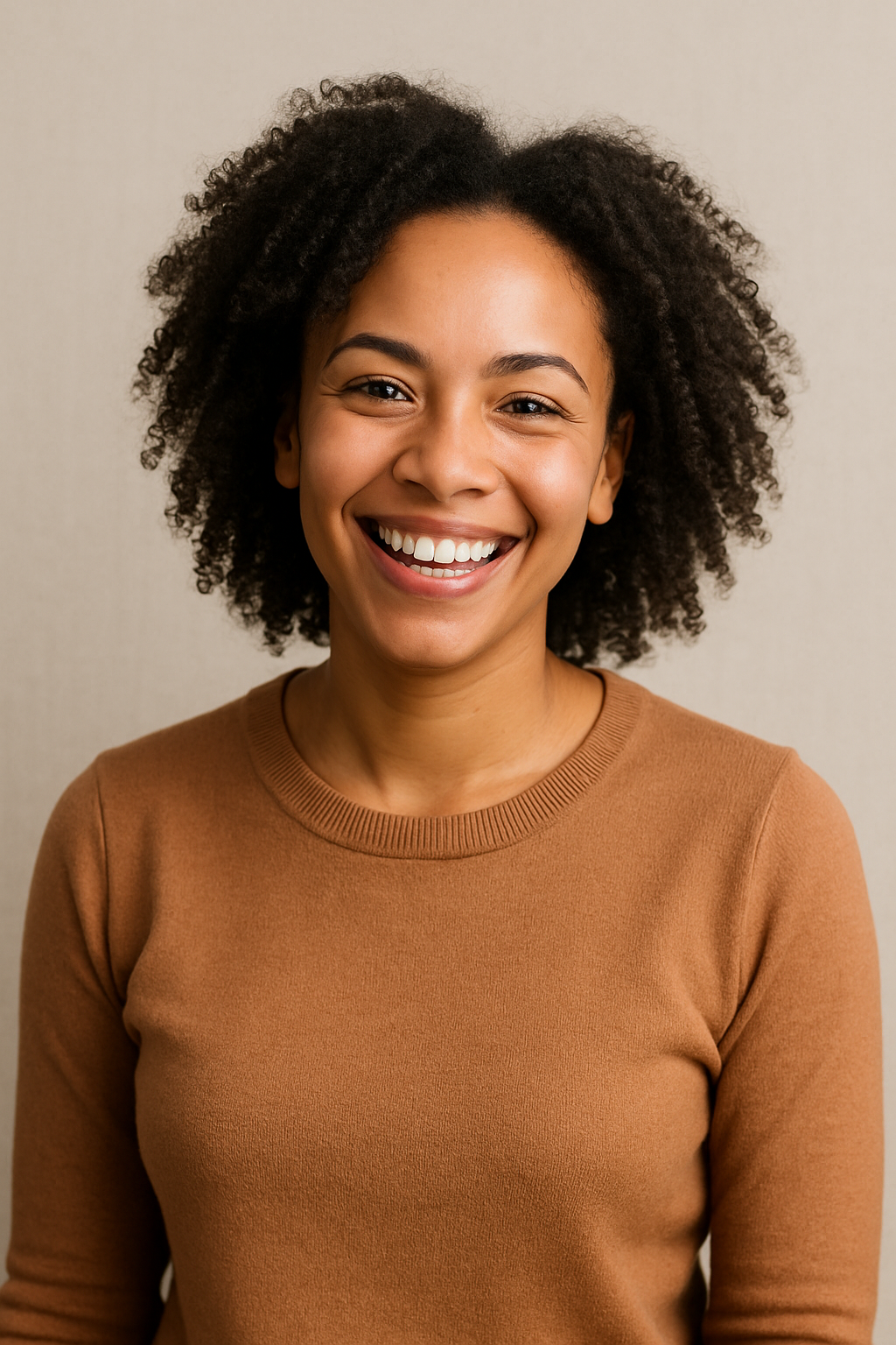 Smiling young woman with curly hair wearing a brown top standing against a neutral background.