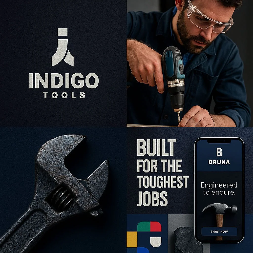 A man wearing safety glasses uses a cordless drill on a piece of wood. Next to him, there is a logo for Indigo Tools, an adjustable wrench, and a smartphone screen displaying a hammer and the text 'Engineered to endure.' The image promotes tools buil