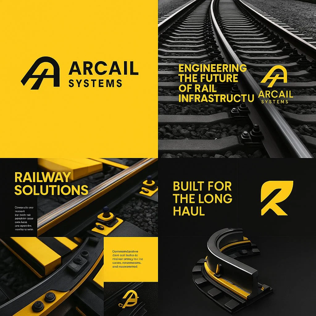 Four-image collage promoting Arcaill Systems railway infrastructure solutions, featuring railway tracks, close-up of railway components, and bold yellow and black text highlighting engineering and long-haul railway solutions.