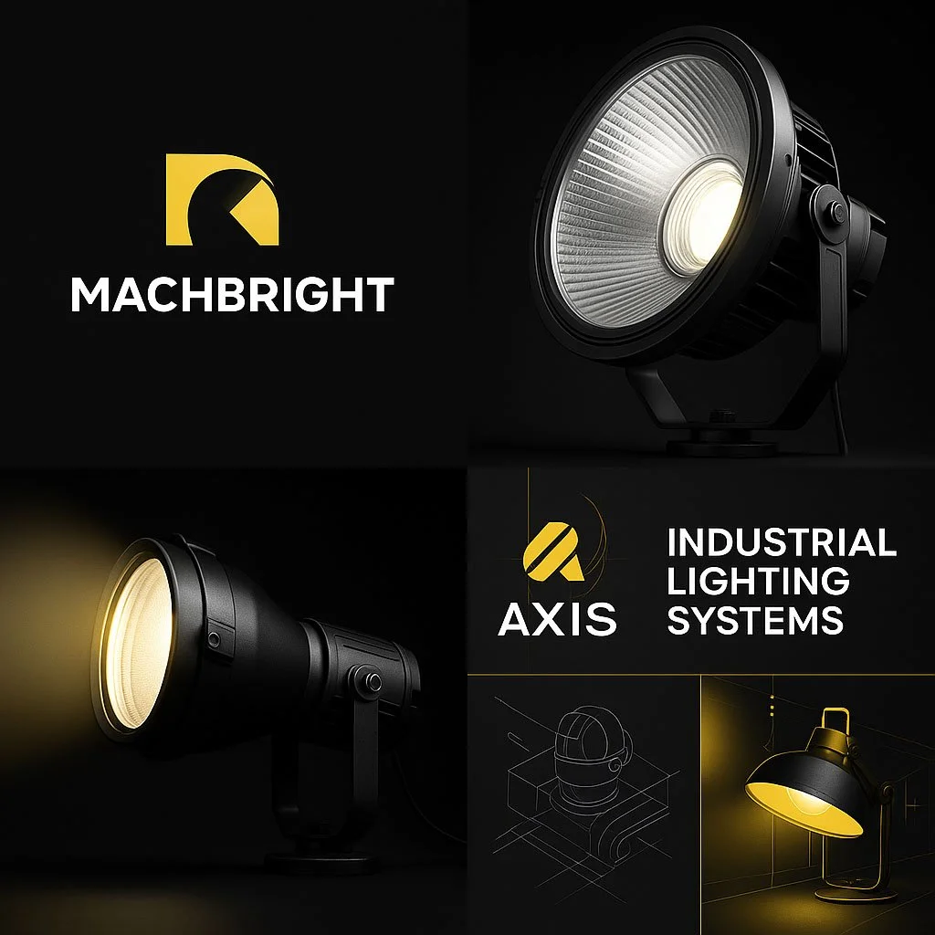 Advertisement for Machbright Axis industrial lighting systems featuring two adjustable spotlights emitting white and yellow light, with the Machbright and Axis logos and artistic sketches of lighting design.