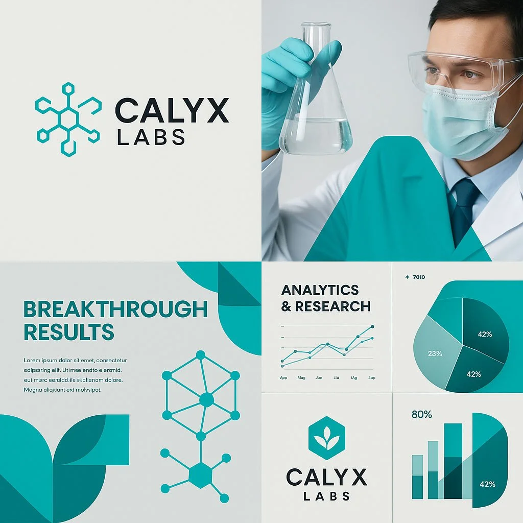 Science researcher in protective gear holding a laboratory flask, with a presentation slide showing the logo of Calyx Labs, analytics data, charts, and graphics related to research and breakthroughs.