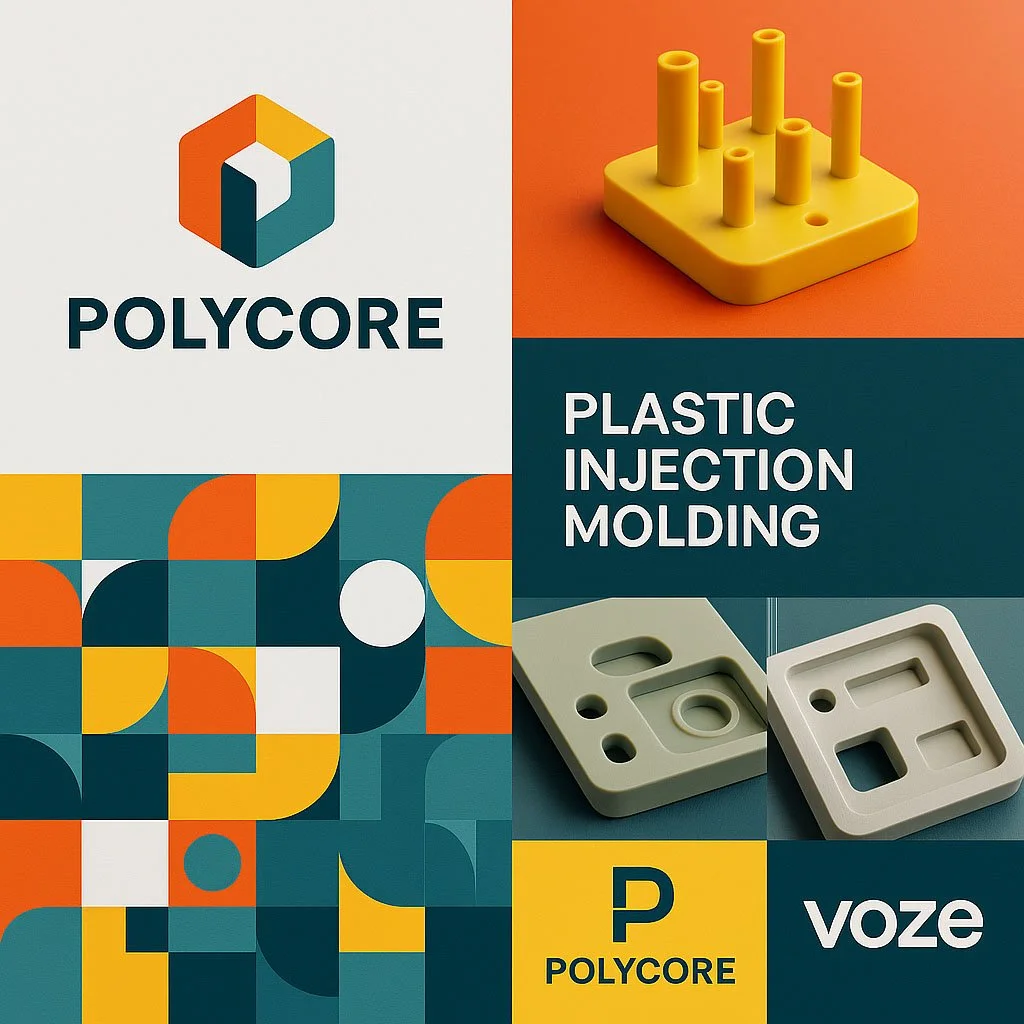 A collage of images promoting Polycore plastic injection molding services, including the company logo, colorful geometric patterns, a yellow mold insert with multiple cavities, and a close-up of two plastic mold plates, with text highlighting plastic