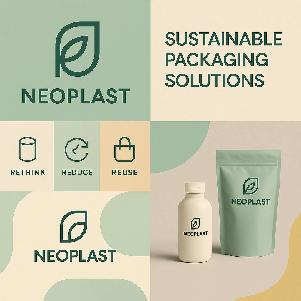 Collage promoting Neoplast sustainable packaging solutions, displaying the company logo, eco-friendly icons with the words 'Rethink,' 'Reduce,' 'Reuse,' and an image of packaged products including a bottle and a pouch.