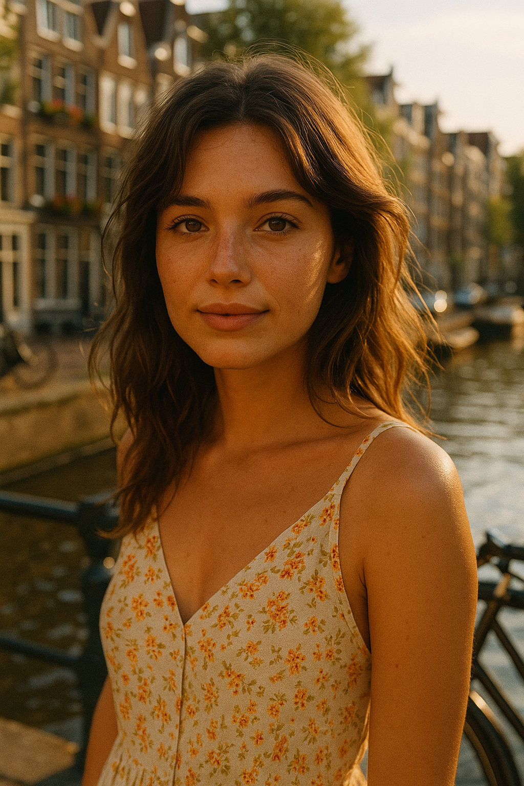 A young woman with wavy brown hair wearing a floral dress standing outdoors near a canal, with buildings and boats in the background during sunset.