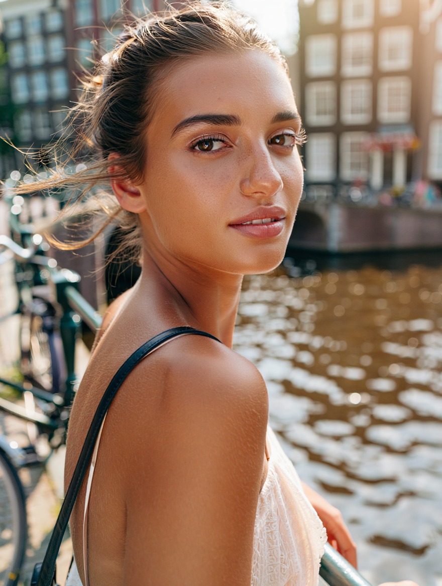 Young woman with light skin and brown hair standing near a canal or river in an urban setting during golden hour, with buildings and a bicycle in the background.