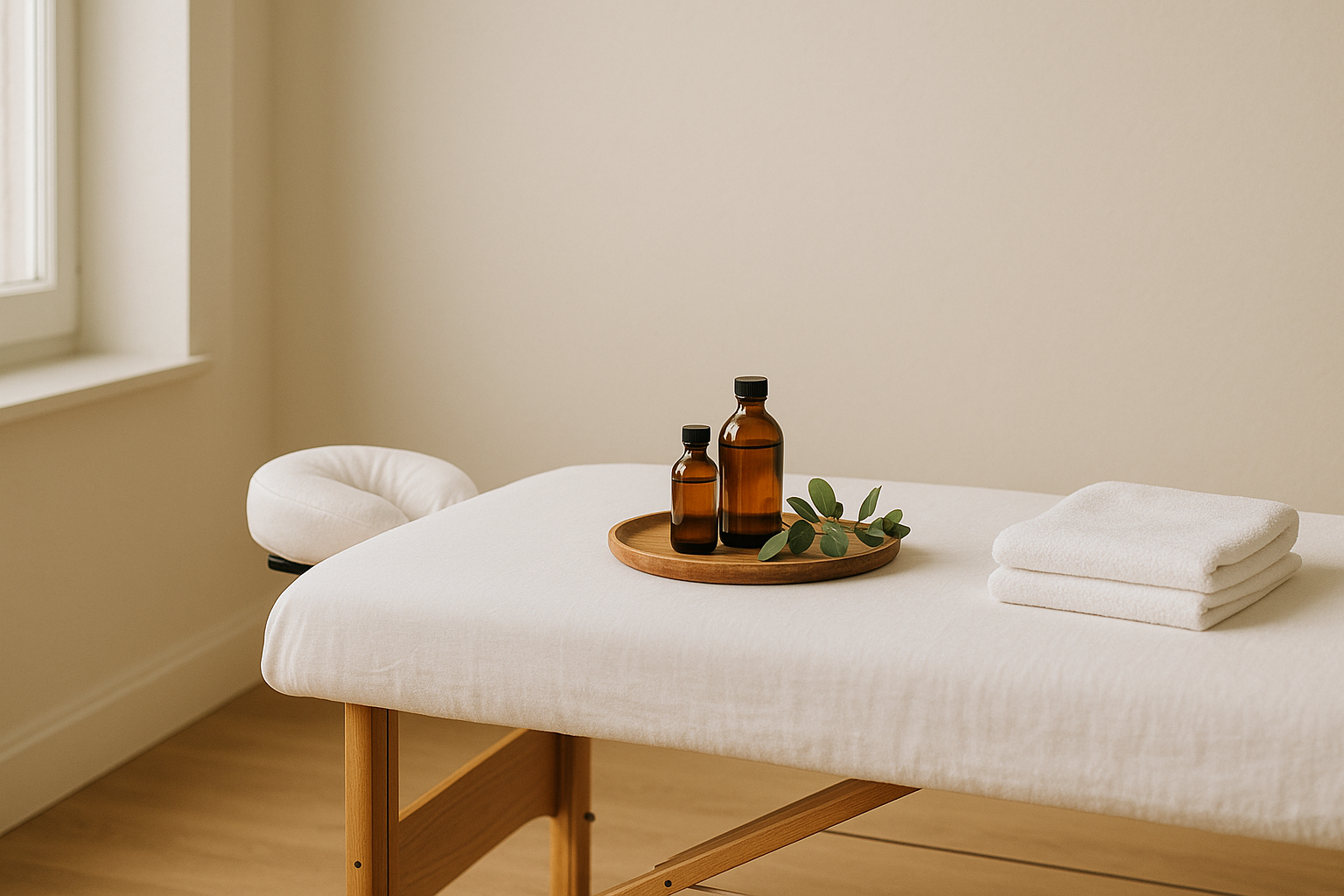 A massage table with a rolled towel and a wooden tray holding amber bottles and green leaves.