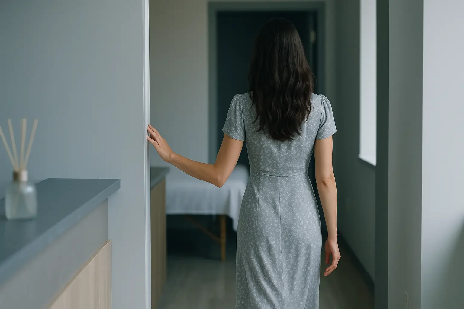 Client in a gray dress walks from reception toward the massage room, hand grazing the wall, under the “ALEX THERAPY” massage studio in Amsterdam sign in natural light.