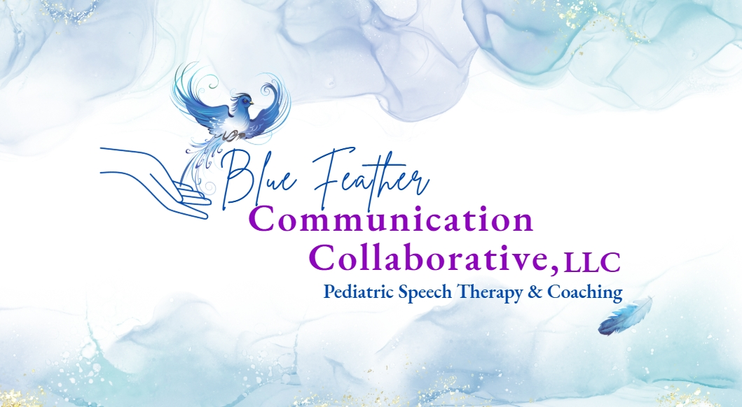 Business logo for Blue Feather Communication Collaborative, LLC with a blue bird, a feather, and watercolor background, advertising pediatric speech therapy and coaching.