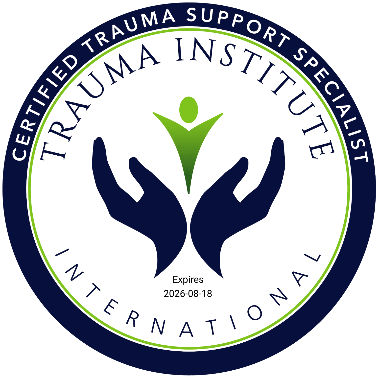 Logo of Certified Trauma Traumatology Support Specialist from the International Trauma Institute, featuring two navy blue hands holding a green figure symbolizing support and care.