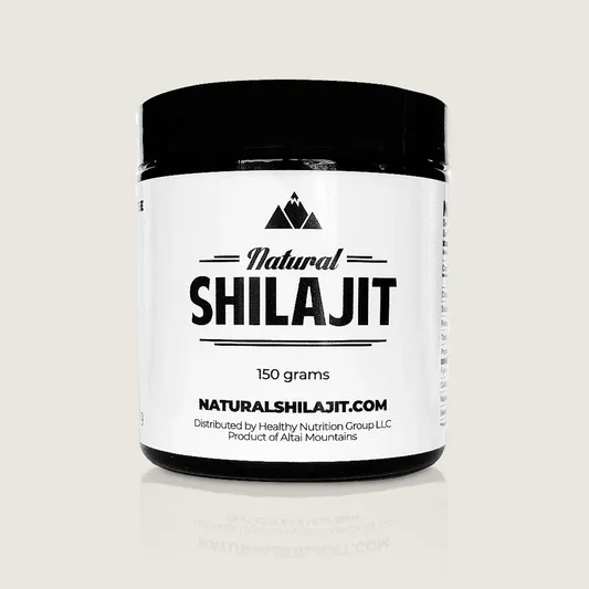 A white container with a black lid labeled Natural SHILAJIT, 150 grams, produced by NaturalShilajit.com, distributed by Healthy Nutrition Group LLC, with a mountain logo at the top.