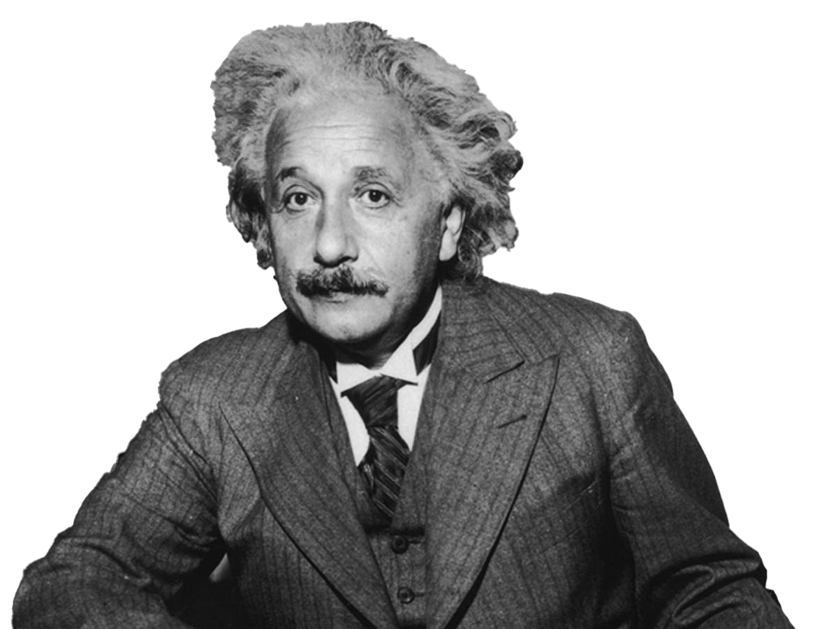 Black and white portrait of Albert Einstein in a suit and tie.