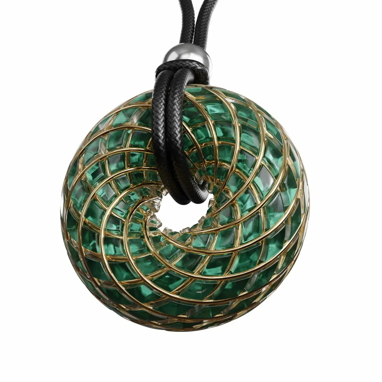A spherical, geometric pendant with green glass tiles and gold-colored wire wrapping, hanging from a black cord with a silver accent.