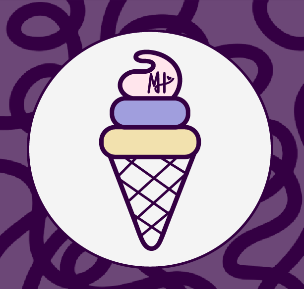 A purple and beige ice cream cone with two scoops, a purple top scoop, a blue middle scoop, and a yellow bottom scoop, with a swirl on top that says "MY"