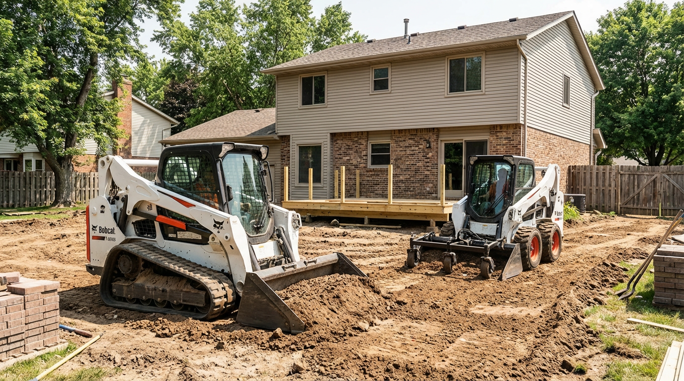 Construction excavator dumping dirt into a large trailer on a dirt construction site under a blue sky.