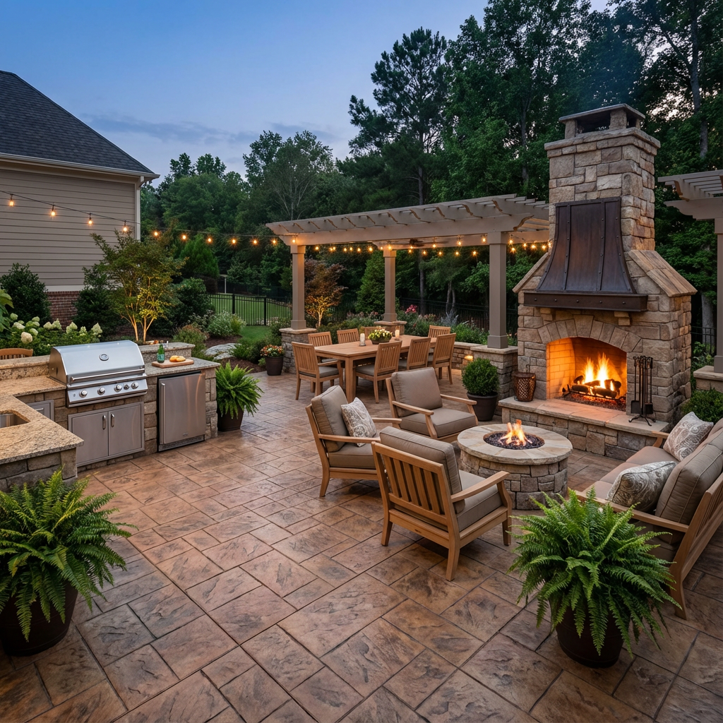 Concrete pathway under construction next to a brick house in a backyard, with dirt and construction tools nearby, and a wooden fence in the background.