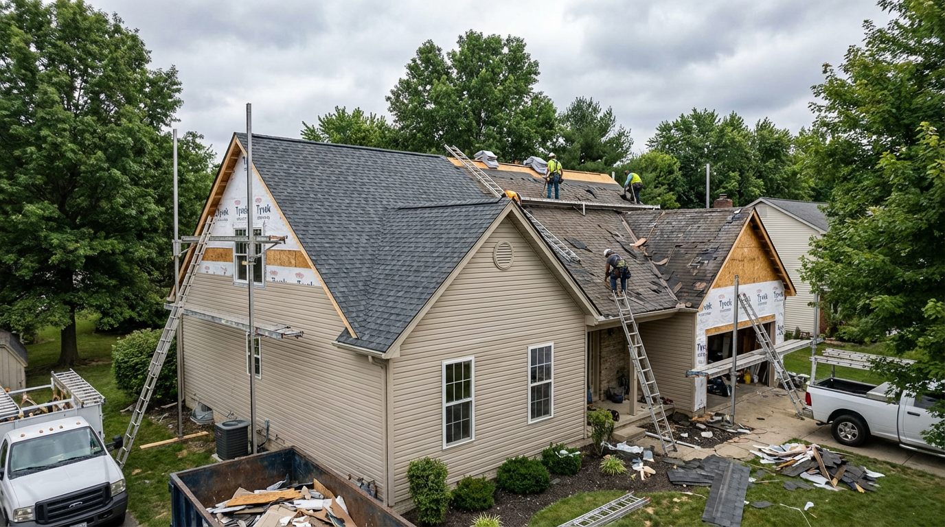 Espel contracting under construction house with scaffolding and a stone foundation, set against a blue sky.