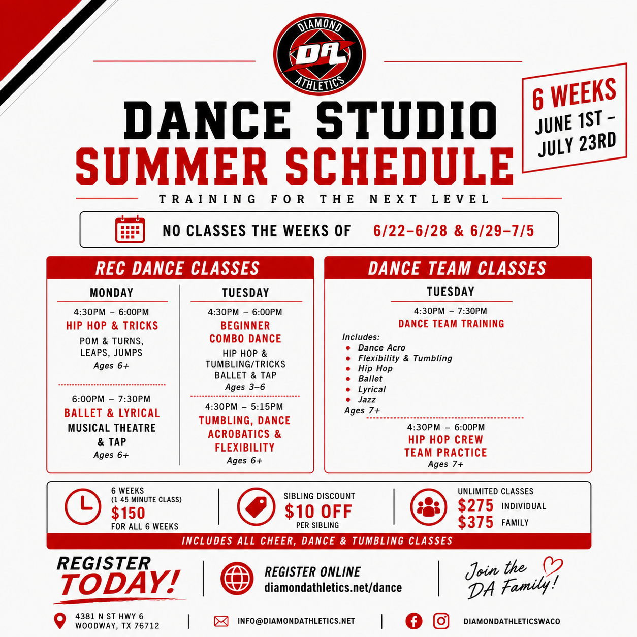 WHETHER YOUR DANCER IS LOOKING FOR REC DANCE CLASSES OR COMPETITIVE DANCE TEAMS. DIAMOND ATHLETICS DANCE STUDIO OFFERS BALLET, JAZZ, ACRO, TUMBLING. LYRICAL, JAZZ, POM. DIAMOND ATHLETICS DANCE STUDIO PROUDLY SERVES WOODWAY, WACO, HEWITT, CHINA SPRING