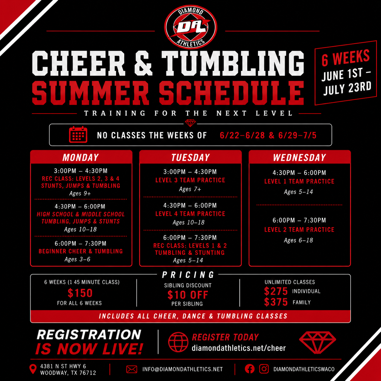 cheer and tumbling classes camps clinics waco tx Diamond Athletics