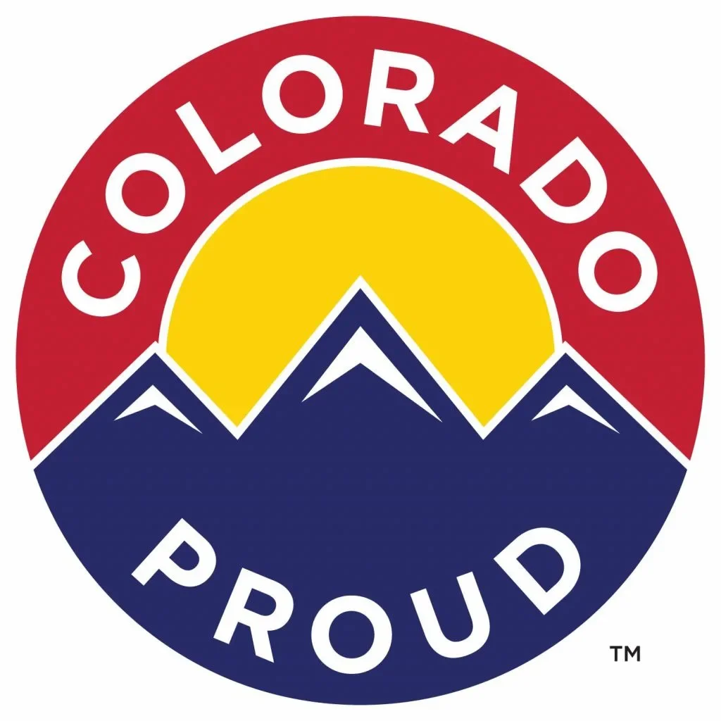 Colorado Proud logo with a mountain range and a sunrise background.