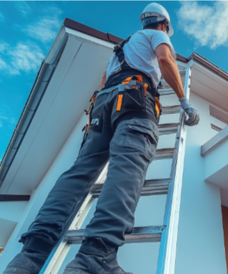 A worker climbing a ladder on the side of a house, wearing a helmet, gloves, and safety harness.