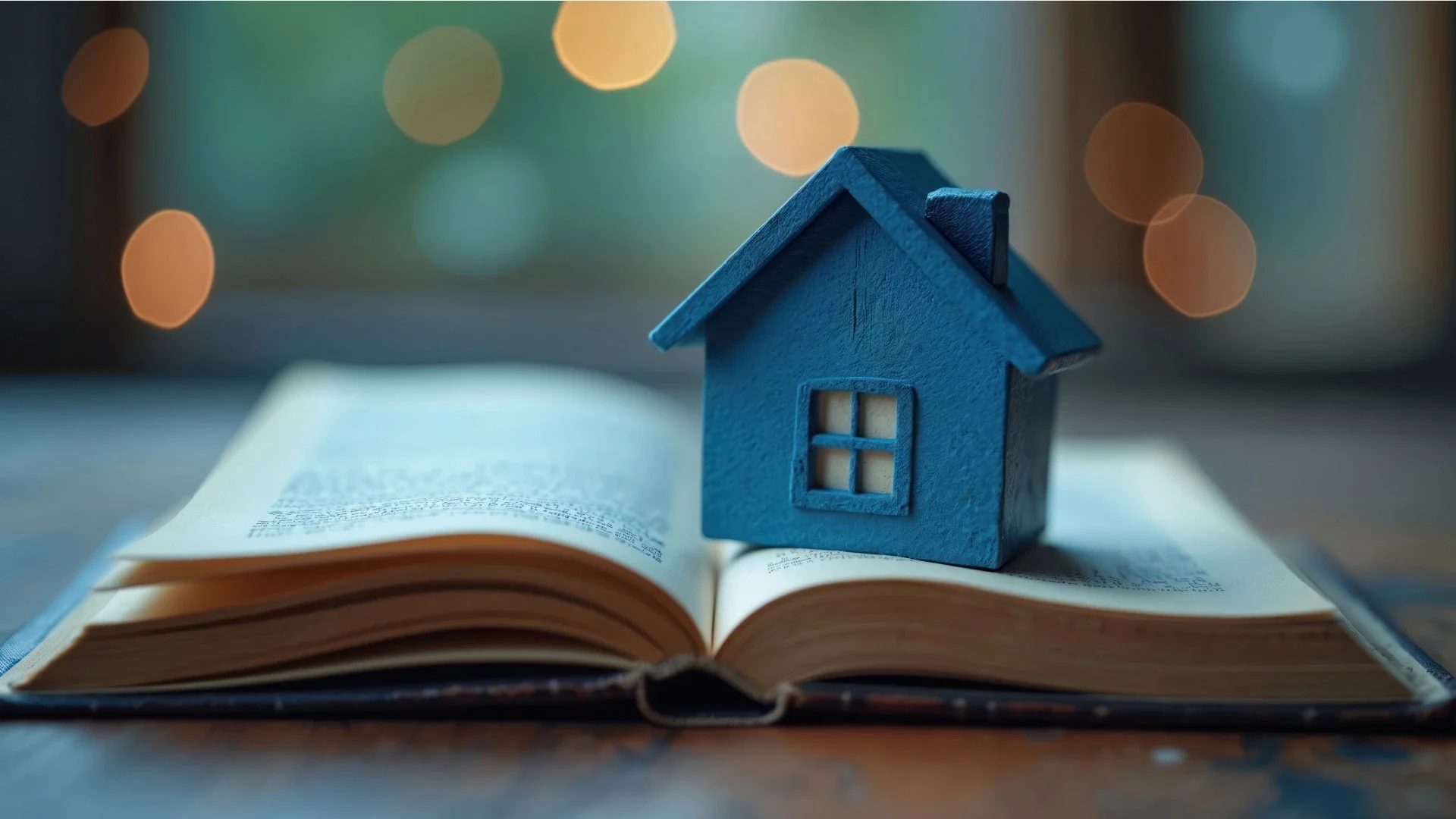 A small blue wooden house model placed on an open book with blurred bokeh lights in the background.