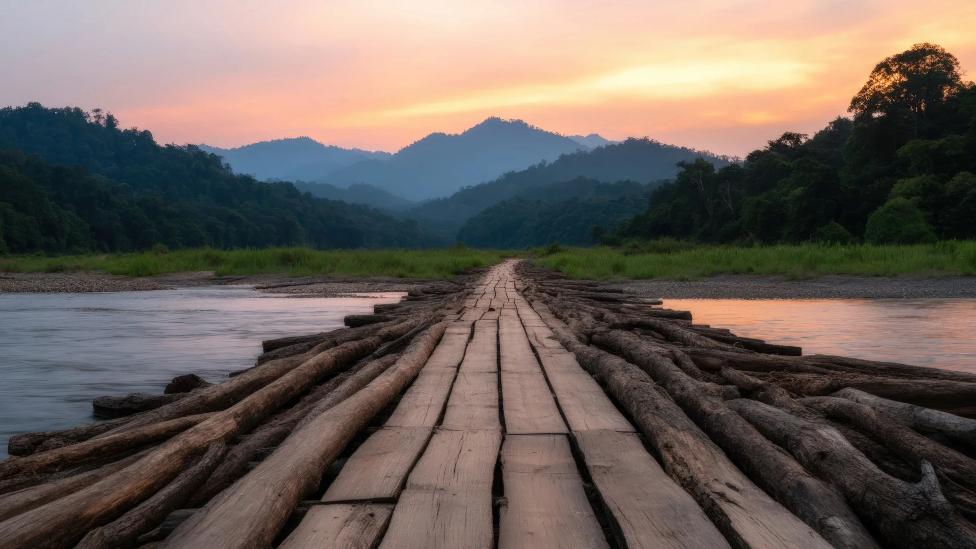 A rustic wooden bridge crosses a river with green hills and mountains in the distance during sunset.